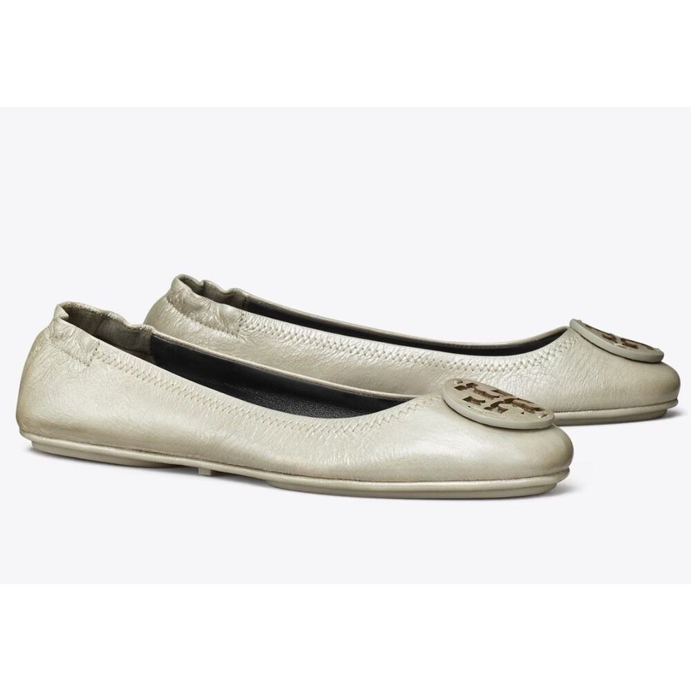 Tory Burch Minnie Travel Ballet Metallic Leather Pebble Gray NIB